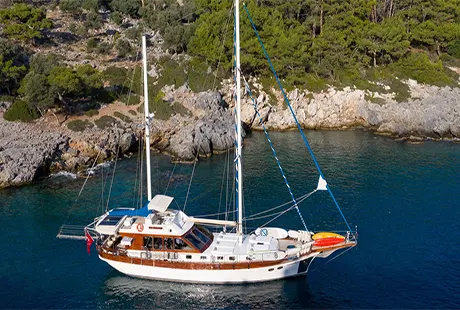 serenity 70 gulet anchored in cove 